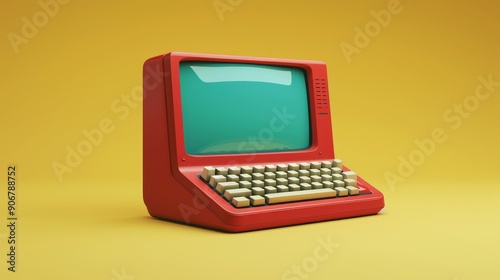 A retro red computer with a blank screen sits on a yellow background.