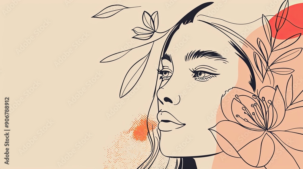 Women face in one line art style with flowers and leaves.Continuous line art in elegant style for prints, tattoos, posters, textile, cards etc. Beautiful woman face Vector illustration Women face in one line art style with flowers and leaves.Continuous line art in elegant style for prints, tattoos, posters, textile, cards etc. Beautiful woman face Vector illustration