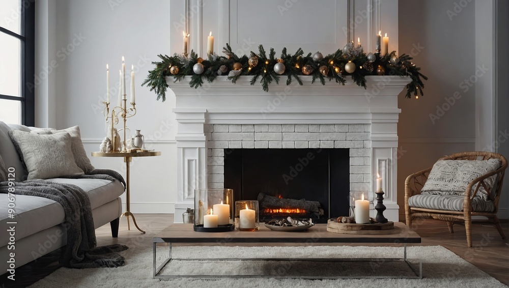 Christmas composition on the white chimney at the living room interior with beautiful decoration Christmas composition on the white chimney at the living room interior with beautiful decoration