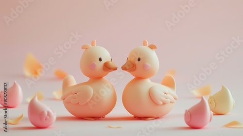 Two cute pastel yellow bird figurines facing each other on a pink background, surrounded by small pastel hearts.