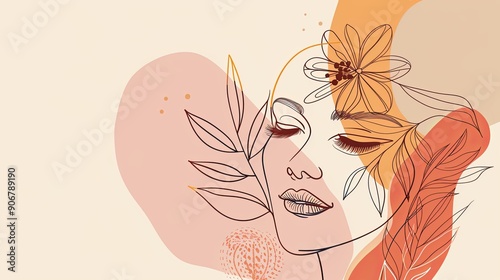 Women face in one line art style with flowers and leaves.Continuous line art in elegant style for prints, tattoos, posters, textile, cards etc. Beautiful woman face Vector illustration