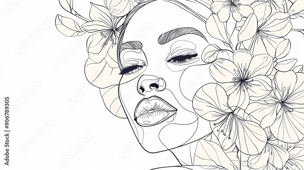Women face in one line art style with flowers and leaves.Continuous line art in elegant style for prints, tattoos, posters, textile, cards etc. Beautiful woman face Vector illustration Women face in one line art style with flowers and leaves.Continuous line art in elegant style for prints, tattoos, posters, textile, cards etc. Beautiful woman face Vector illustration