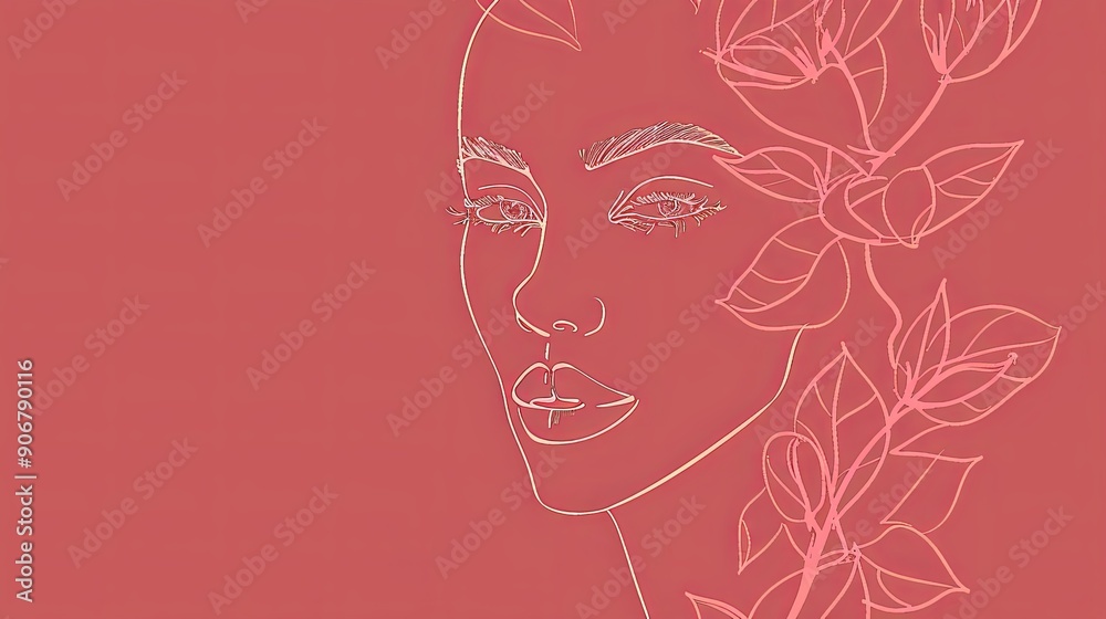 Women face in one line art style with flowers and leaves.Continuous line art in elegant style for prints, tattoos, posters, textile, cards etc. Beautiful woman face Vector illustration Women face in one line art style with flowers and leaves.Continuous line art in elegant style for prints, tattoos, posters, textile, cards etc. Beautiful woman face Vector illustration