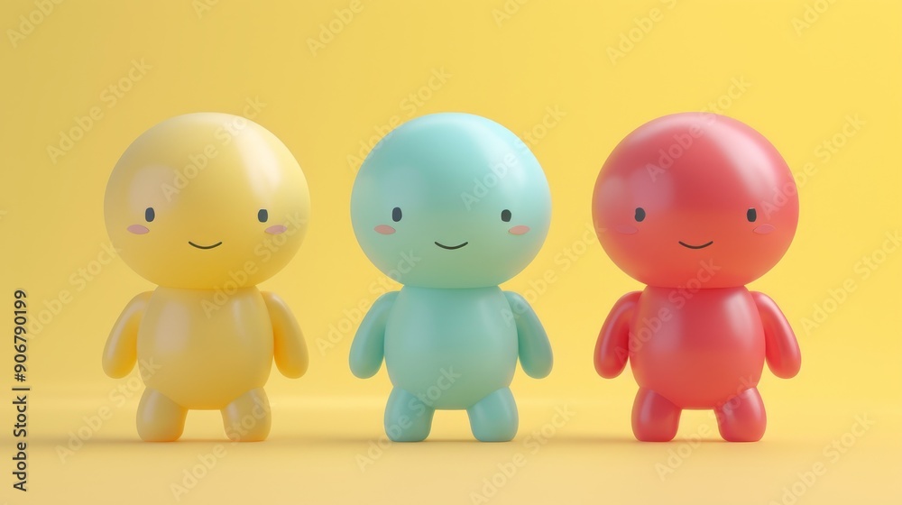 Three cheerful cartoon characters in yellow, blue, and red standing in a row against a yellow background. Three cheerful cartoon characters in yellow, blue, and red standing in a row against a yellow background.