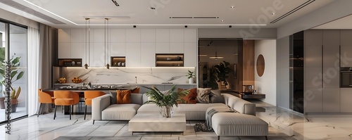 Modern Living Room with Grey Sofa, Orange Chairs, and Marble Floor