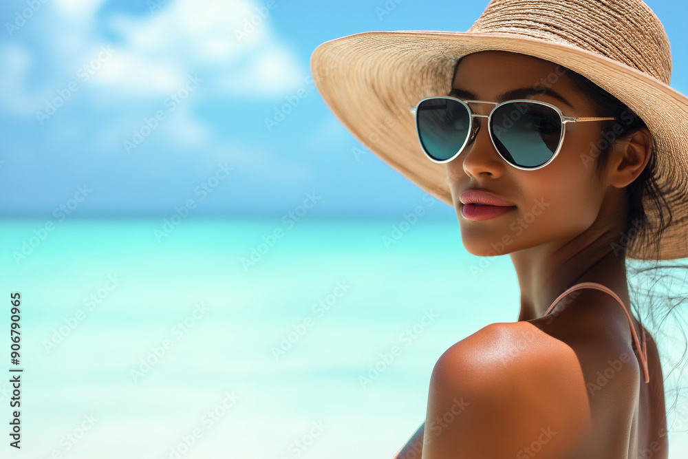 Portrait beautiful tanned woman wearing glasses and elegant sunhat relaxing on the beach. Portrait beautiful tanned woman wearing glasses and elegant sunhat relaxing on the beach.