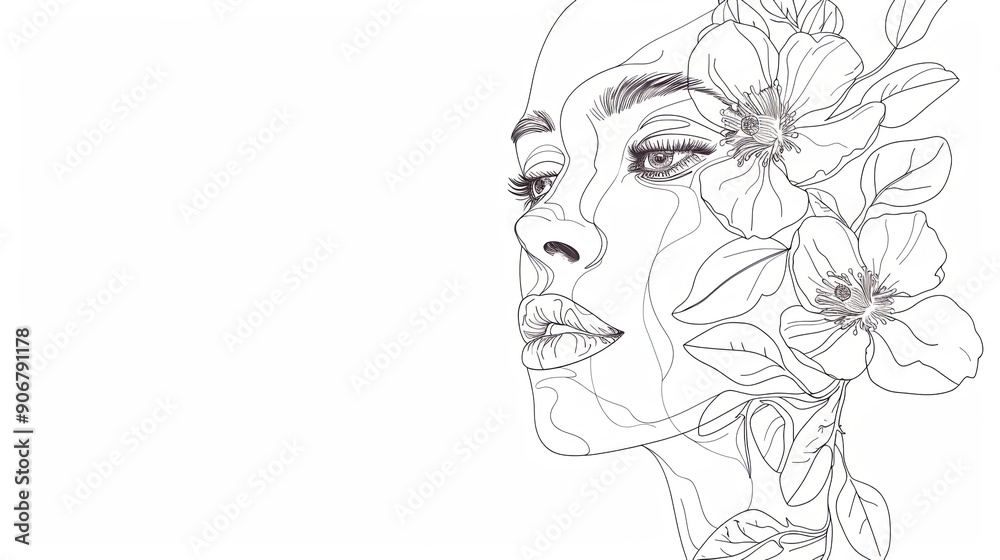 Women face in one line art style with flowers and leaves.Continuous line art in elegant style for prints, tattoos, posters, textile, cards etc. Beautiful woman face Vector illustration Women face in one line art style with flowers and leaves.Continuous line art in elegant style for prints, tattoos, posters, textile, cards etc. Beautiful woman face Vector illustration