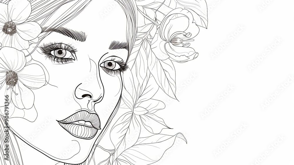 Fototapeta premium Women face in one line art style with flowers and leaves.Continuous line art in elegant style for prints, tattoos, posters, textile, cards etc. Beautiful woman face Vector illustration 