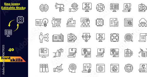 Hard skills web icons in line style. Accounting, coaching, data mining, cloud computing, copywriting