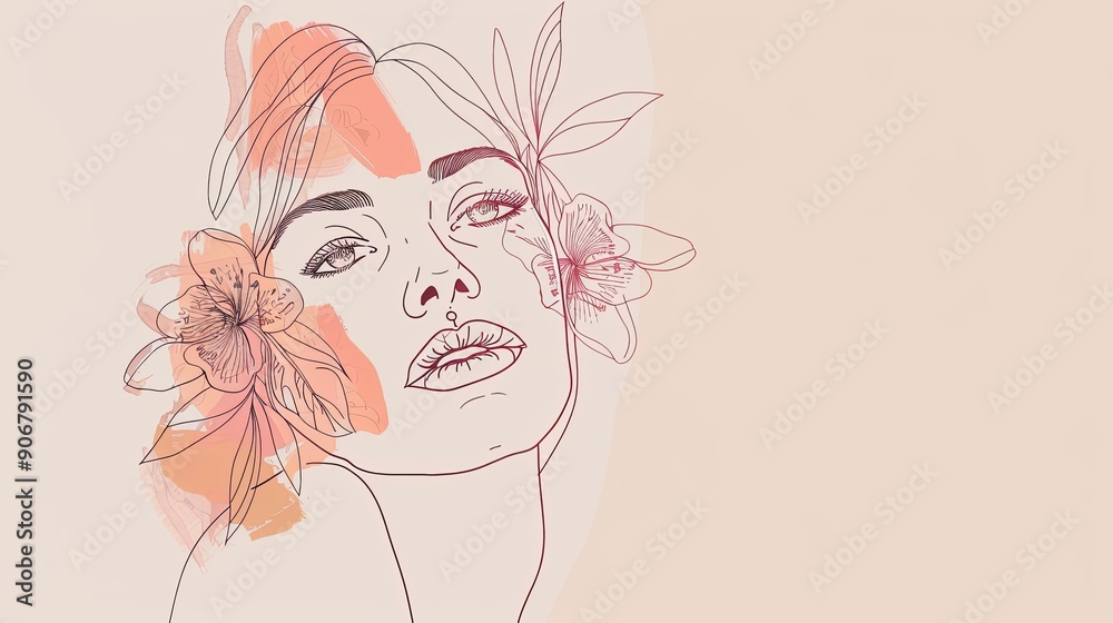 Women face in one line art style with flowers and leaves.Continuous line art in elegant style for prints, tattoos, posters, textile, cards etc. Beautiful woman face Vector illustration Women face in one line art style with flowers and leaves.Continuous line art in elegant style for prints, tattoos, posters, textile, cards etc. Beautiful woman face Vector illustration