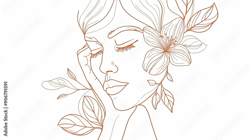 Women face in one line art style with flowers and leaves.Continuous line art in elegant style for prints, tattoos, posters, textile, cards etc. Beautiful woman face Vector illustration Women face in one line art style with flowers and leaves.Continuous line art in elegant style for prints, tattoos, posters, textile, cards etc. Beautiful woman face Vector illustration