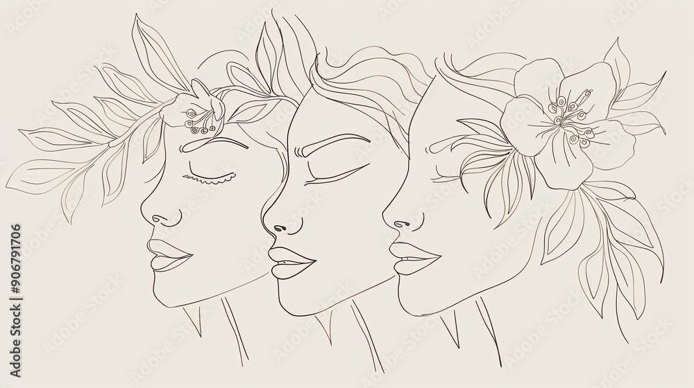 Women face in one line art style with flowers and leaves.Continuous line art in elegant style for prints, tattoos, posters, textile, cards etc. Beautiful woman face Vector illustration Women face in one line art style with flowers and leaves.Continuous line art in elegant style for prints, tattoos, posters, textile, cards etc. Beautiful woman face Vector illustration