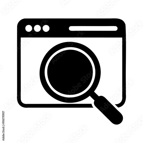 Silhouette magnifying search glass icon, flat black research vector illustration