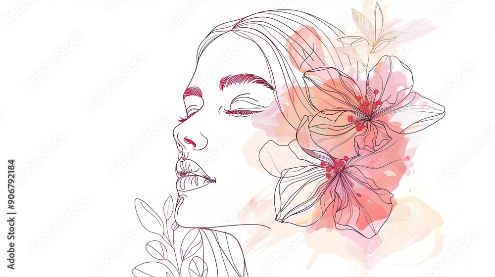 Women face in one line art style with flowers and leaves.Continuous line art in elegant style for prints, tattoos, posters, textile, cards etc. Beautiful woman face Vector illustration Women face in one line art style with flowers and leaves.Continuous line art in elegant style for prints, tattoos, posters, textile, cards etc. Beautiful woman face Vector illustration