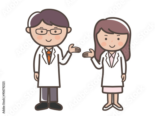 説明や案内をする男女医師（看護師）の全身イラスト