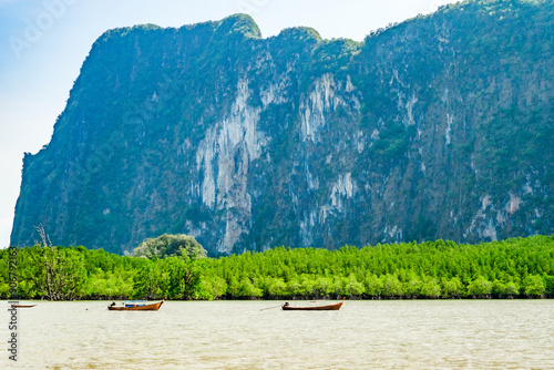 mangroves and boats in the sea in front of the rocky island photo