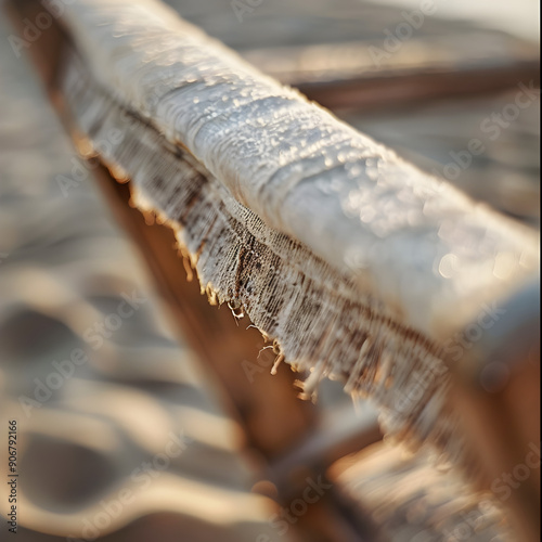 A wooden bench with frayed edges and a sandy beach in the background