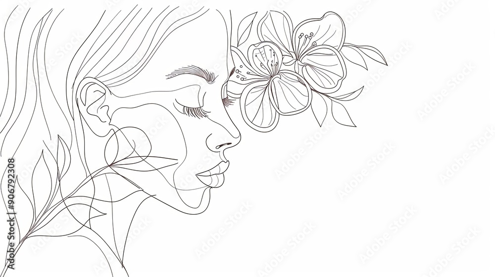 Women face in one line art style with flowers and leaves.Continuous line art in elegant style for prints, tattoos, posters, textile, cards etc. Beautiful woman face Vector illustration Women face in one line art style with flowers and leaves.Continuous line art in elegant style for prints, tattoos, posters, textile, cards etc. Beautiful woman face Vector illustration