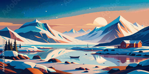 tundra scene, vector illustration, arctic landscape, minimalist design, snow-covered terrain, frozen wilderness, icy plains, cold environment, sparse vegetation, low shrubs, permafrost, snowdrifts, fl