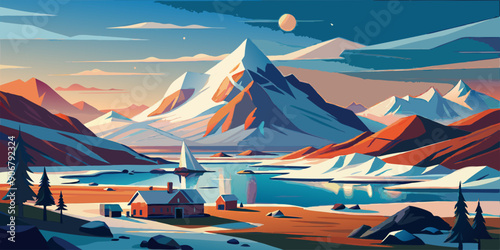 tundra scene, vector illustration, arctic landscape, minimalist design, snow-covered terrain, frozen wilderness, icy plains, cold environment, sparse vegetation, low shrubs, permafrost, snowdrifts, fl
