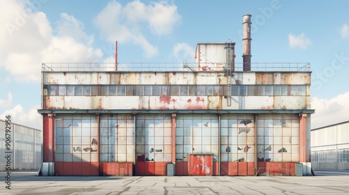 A weathered industrial building with large windows and a chimney. The building has a worn and aged appearance with graffiti on the walls.