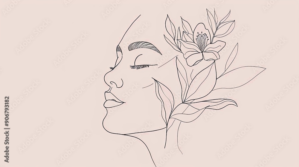 Women face in one line art style with flowers and leaves.Continuous line art in elegant style for prints, tattoos, posters, textile, cards etc. Beautiful woman face Vector illustration Women face in one line art style with flowers and leaves.Continuous line art in elegant style for prints, tattoos, posters, textile, cards etc. Beautiful woman face Vector illustration