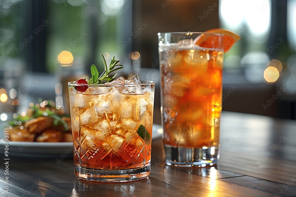 two glasses of ice tea and a plate of food.

