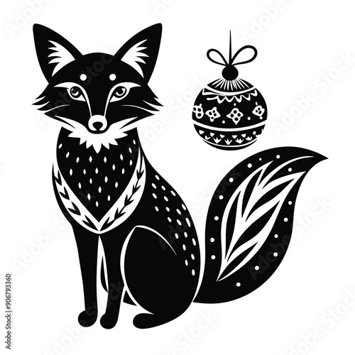 Black and White Stylized Fox with Christmas Ornament