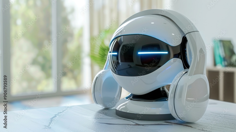 Obraz premium White Robot With Headphones on a Marble Table