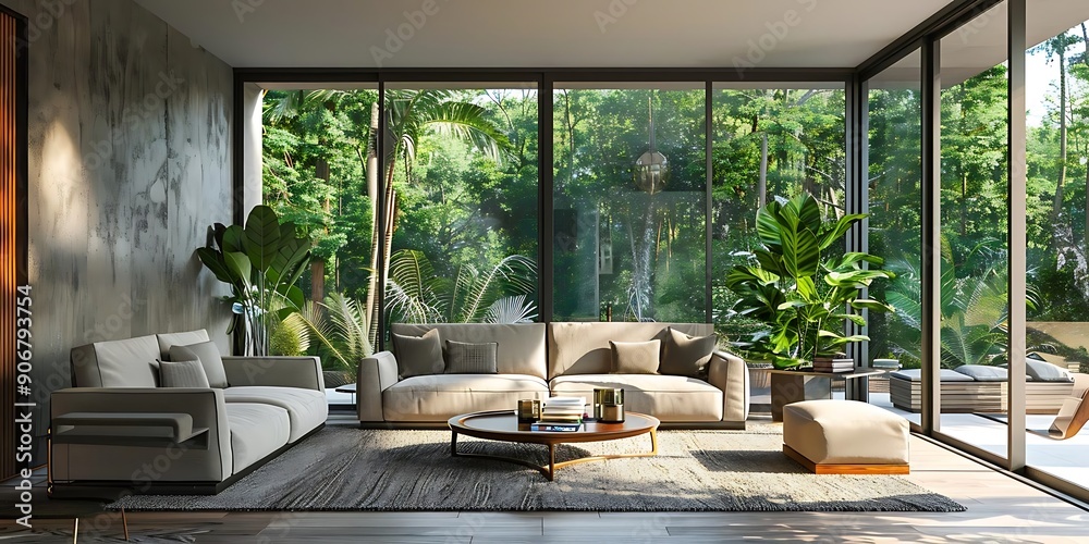 Modern Living Room with Lush Green Views and Stylish Furniture Modern Living Room with Lush Green Views and Stylish Furniture