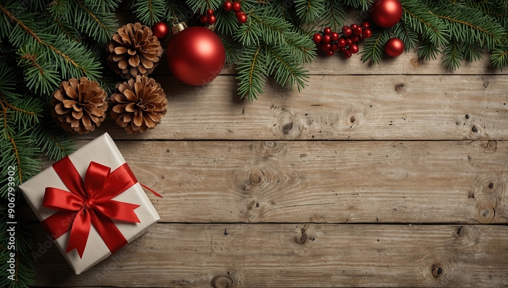 Christmas composition. Christmas fir tree branches, gifts, pine cones on wooden white rustic background. Flat lay, top view Christmas composition. Christmas fir tree branches, gifts, pine cones on wooden white rustic background. Flat lay, top view