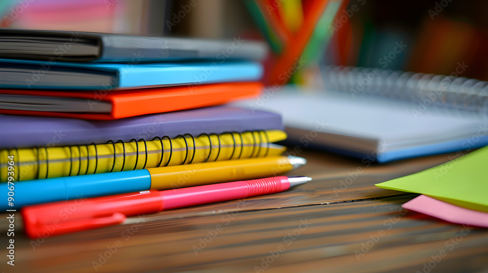 A stack of colorful notebooks and pens on a wooden table A stack of colorful notebooks and pens on a wooden table