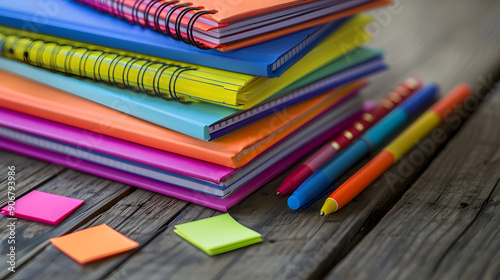 A stack of colorful notebooks and pens on a wooden table