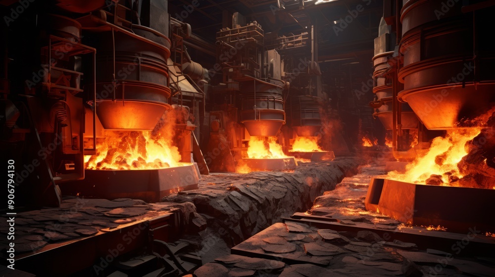Blast furnace smelting liquid steel in steel mills. Neural network ai generated art Blast furnace smelting liquid steel in steel mills. Neural network ai generated art
