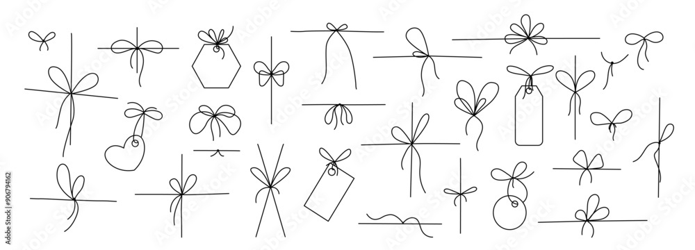 Line gift bow. Thin twine for gift parcel wrap, black line rope cord with simple knot and bow ribbons, price tags for birthday or Christmas present package decoration. Vector doodle nodes set. Line gift bow. Thin twine for gift parcel wrap, black line rope cord with simple knot and bow ribbons, price tags for birthday or Christmas present package decoration. Vector doodle nodes set.