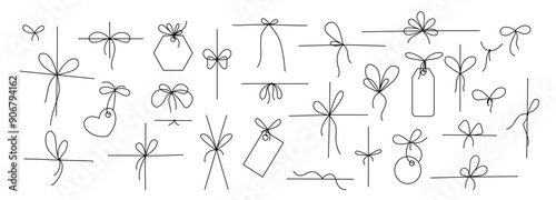 Line gift bow. Thin twine for gift parcel wrap, black line rope cord with simple knot and bow ribbons, price tags for birthday or Christmas present package decoration. Vector doodle nodes set.