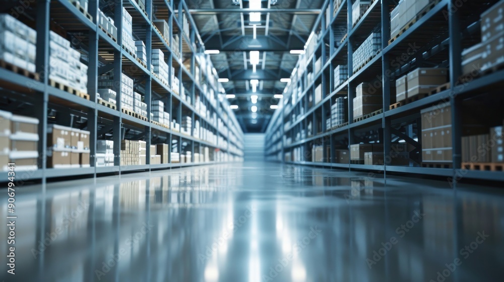 Warehouse Interior with Rows of Shelving and Cardboard Boxes Warehouse Interior with Rows of Shelving and Cardboard Boxes