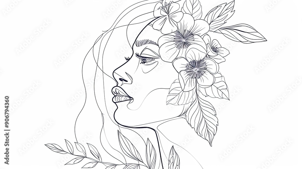 Women face in one line art style with flowers and leaves.Continuous line art in elegant style for prints, tattoos, posters, textile, cards etc. Beautiful woman face Vector illustration Women face in one line art style with flowers and leaves.Continuous line art in elegant style for prints, tattoos, posters, textile, cards etc. Beautiful woman face Vector illustration