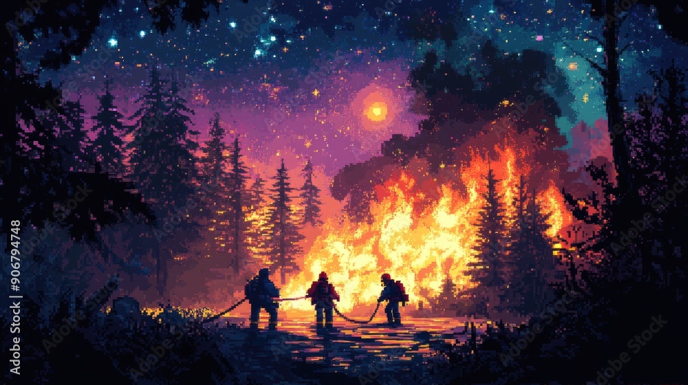 Intricate pixel art of galaxy firefighters fighting fires in a space forest, highlighting contrasting hues. Intricate pixel art of galaxy firefighters fighting fires in a space forest, highlighting contrasting hues.