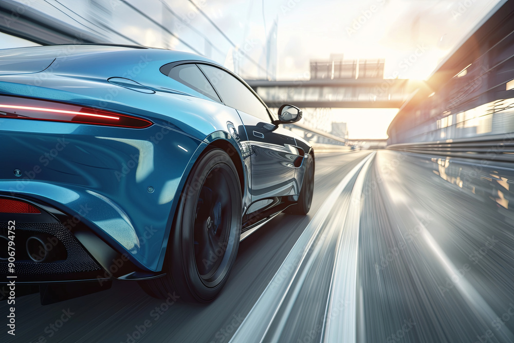 Fototapeta premium Blue car speeding on highway with motion blur