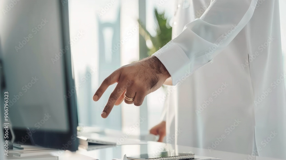 Man Pointing at a Computer Screen in a Modern Office Man Pointing at a Computer Screen in a Modern Office