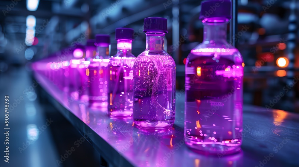 A vibrant line of purple glass bottles filled with luminous liquid, illuminated in a modern factory setting. A vibrant line of purple glass bottles filled with luminous liquid, illuminated in a modern factory setting.