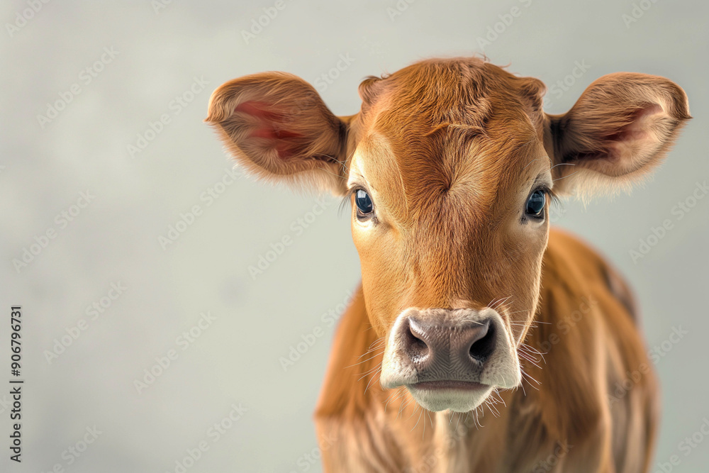 Brown calf closeup. Comic photo. A cute image of an animal on a light background in a minimalist style. Pet
