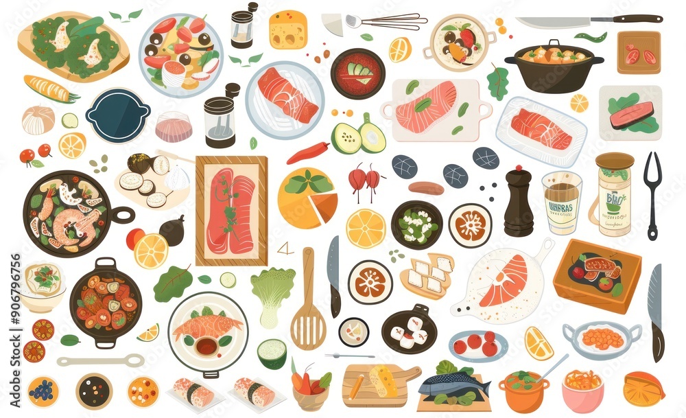 Colorful Illustration of Cooking Ingredients and Utensils.