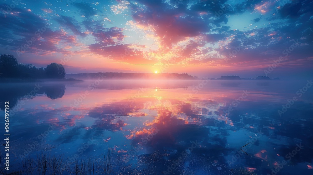 Fototapeta premium Serene Lakeside Sunset: Reflecting the Beauty of Nature