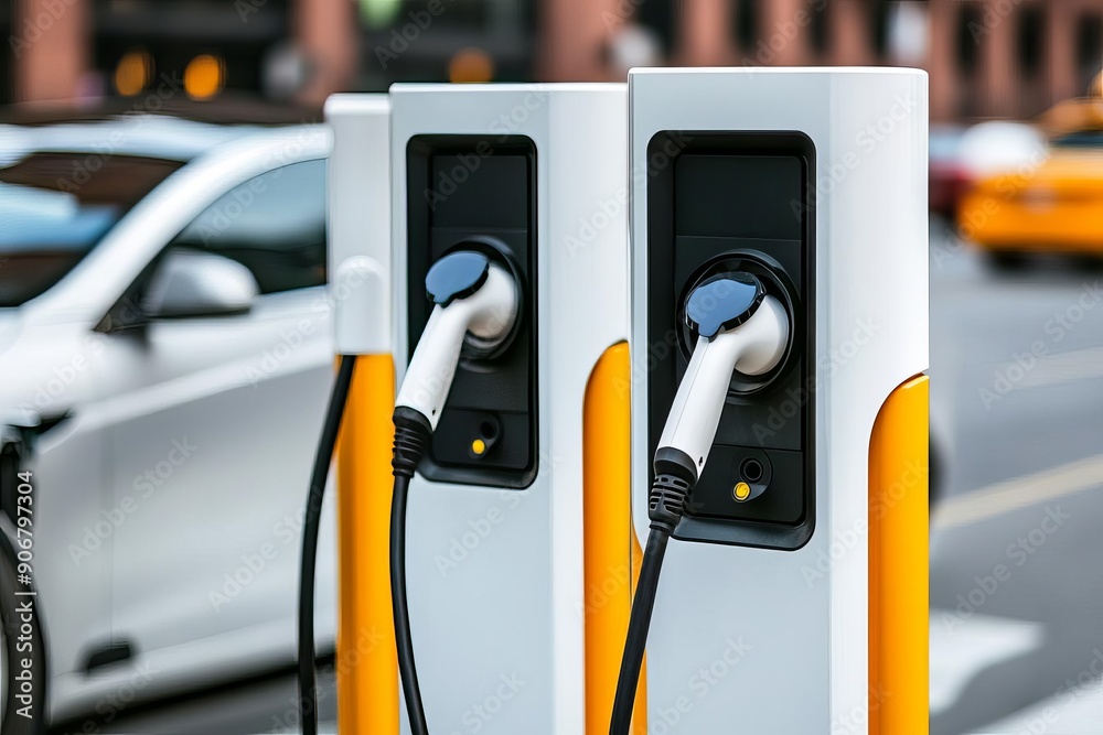 Electric car charging stations in a busy city, representing clean transportation Electric car charging stations in a busy city, representing clean transportation