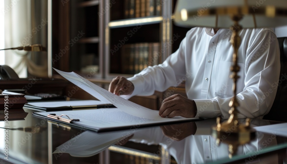 Businessman Reviewing Documents at His Desk Businessman Reviewing Documents at His Desk
