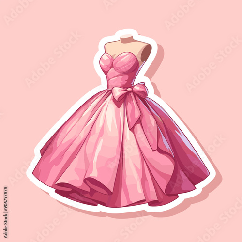 Vector princess pink dress, illustration of beautiful fluffy ball dress, fairytale princess clothes vintage style sticker