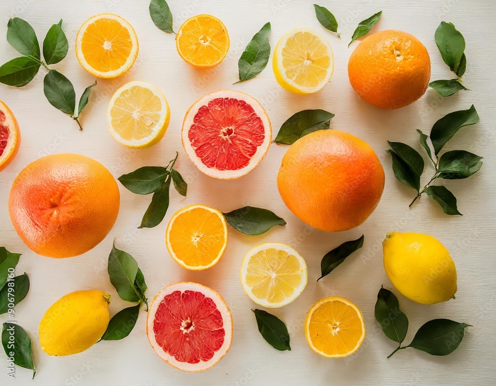 Citrus fruits pattern of lemon, orange and grapefruit on white background. Flat lay, top view