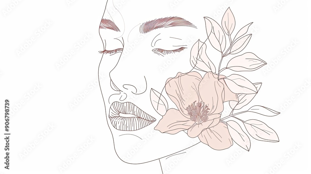 Women face in one line art style with flowers and leaves.Continuous line art in elegant style for prints, tattoos, posters, textile, cards etc. Beautiful woman face Vector illustration Women face in one line art style with flowers and leaves.Continuous line art in elegant style for prints, tattoos, posters, textile, cards etc. Beautiful woman face Vector illustration